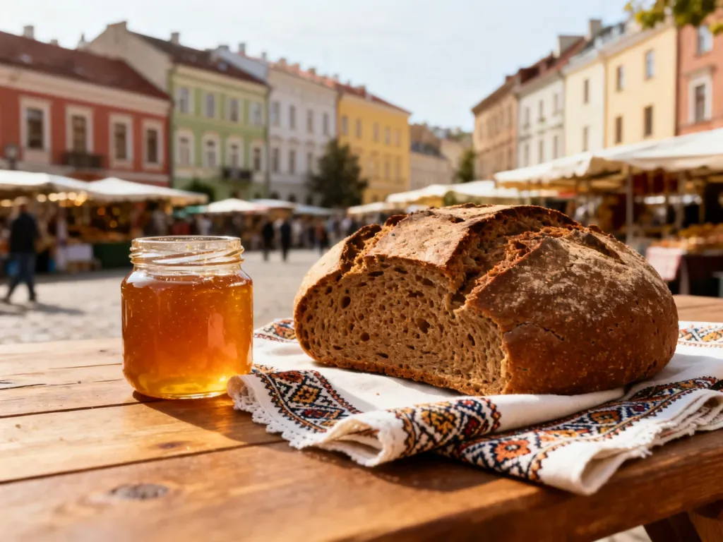 Tradycyjny litewski chleb żytni i miód na drewnianym stole w tle wileńskiego targu.