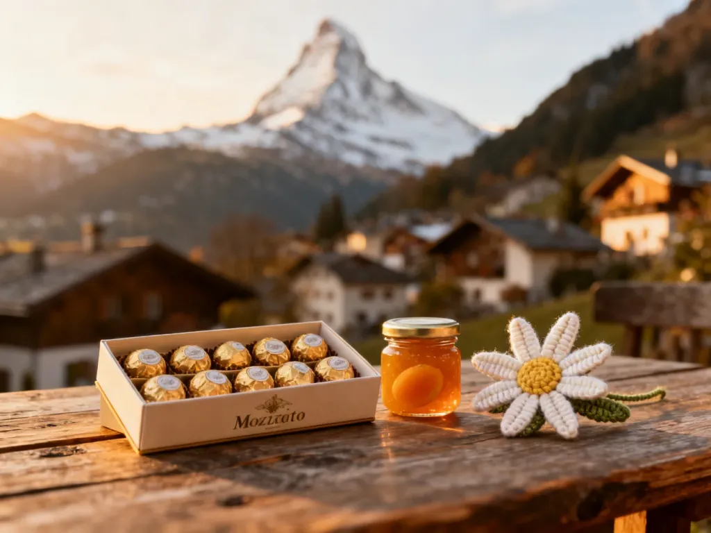 Tradycyjne austriackie pamiątki: czekoladki Mozartkugeln, konfitura morelowa i ozdoba z szarotką na tle alpejskiego krajobrazu.