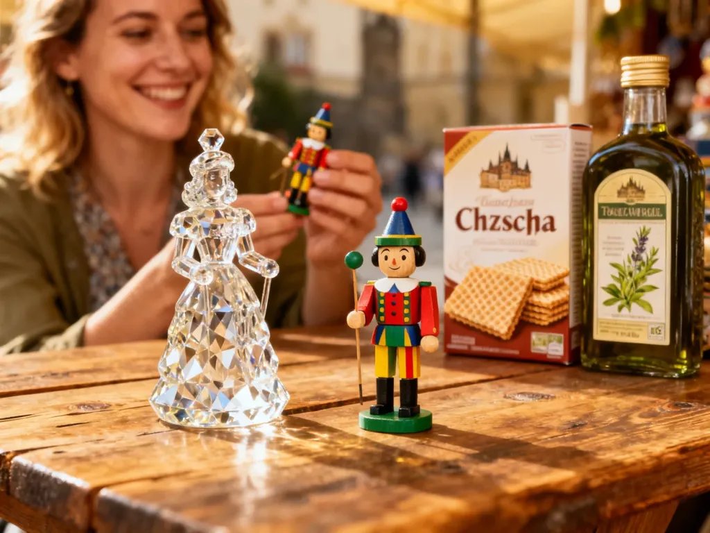 Tradycyjne czeskie pamiątki: kryształowa figurka, drewniana marionetka, wafle i ziołowy likier na drewnianym stole.