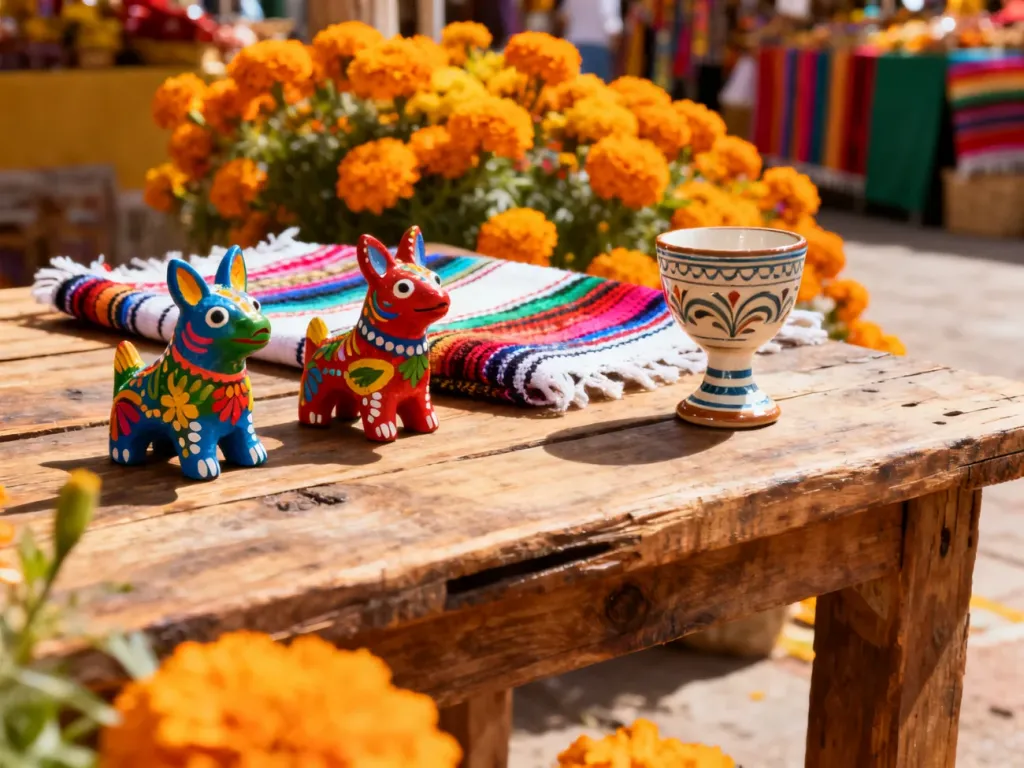 Kolorowe figurki alebrijes, tradycyjna tkanina i ceramiczny kieliszek na tle meksykańskiego targu.